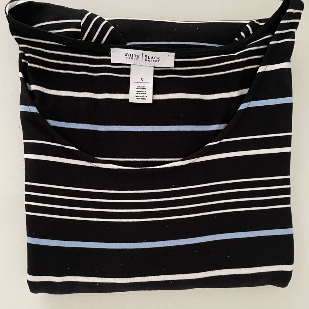 WHBM Navy Blue, white, light blue short Sleeve striped shimmery Maxy Dress Sz: S - Picture 7 of 10